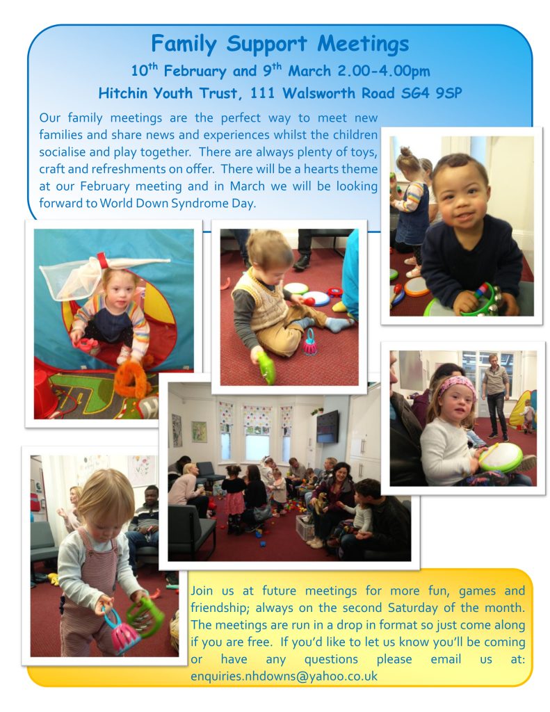 Out family meetings are the perfect way to meet new families and share news and experiences whilst the children socialise and play together. There are always plenty of toys, craft and refreshments on offer. March will be our World Down Syndrome Day meeting.